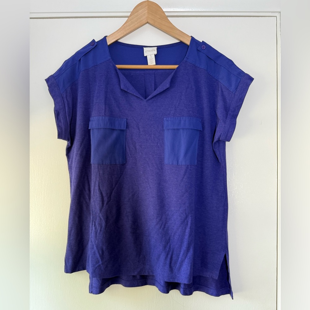 Chico’s Cotton Modal Cap Sleeve T-Shirt Top Blue Purple Split Neck Size 1 Medium